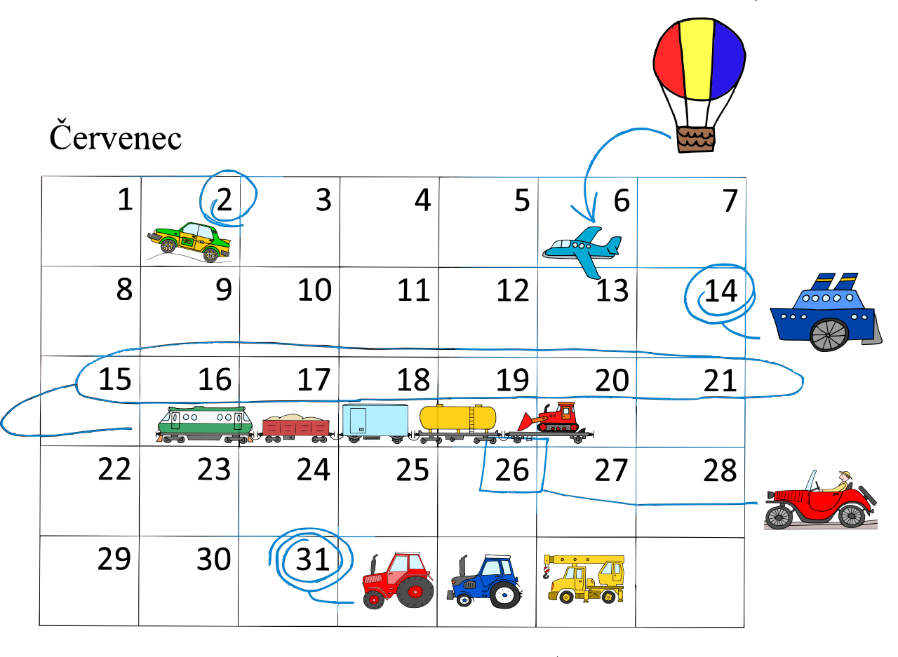Autorská ilustrace Kalendář dopravních akcí kam za vlaky traktory auty Hravé stroje